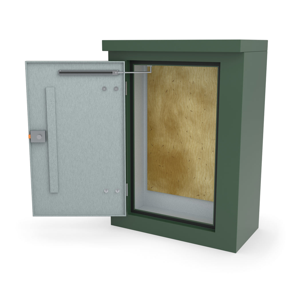 FS2 single door GRP cabinet in green with the door open on an optional door stay