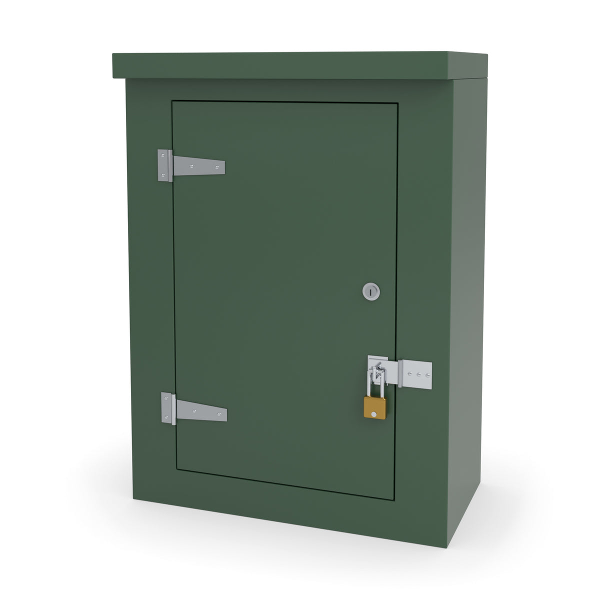 FS2 single door GRP cabinet in green with an optional stainless hasp and staple and padlock