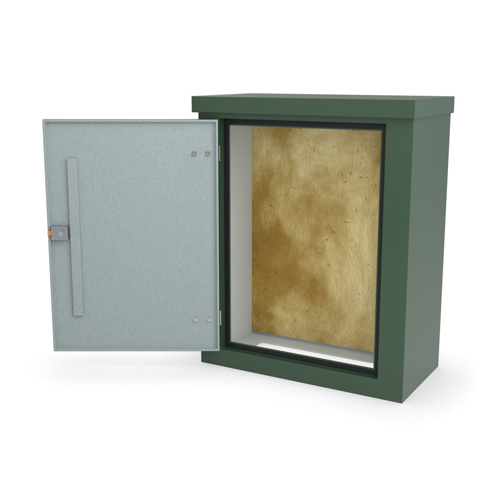 FS3 single door GRP cabinet in green, front three-quarter view with the door open showing the plywood backboard