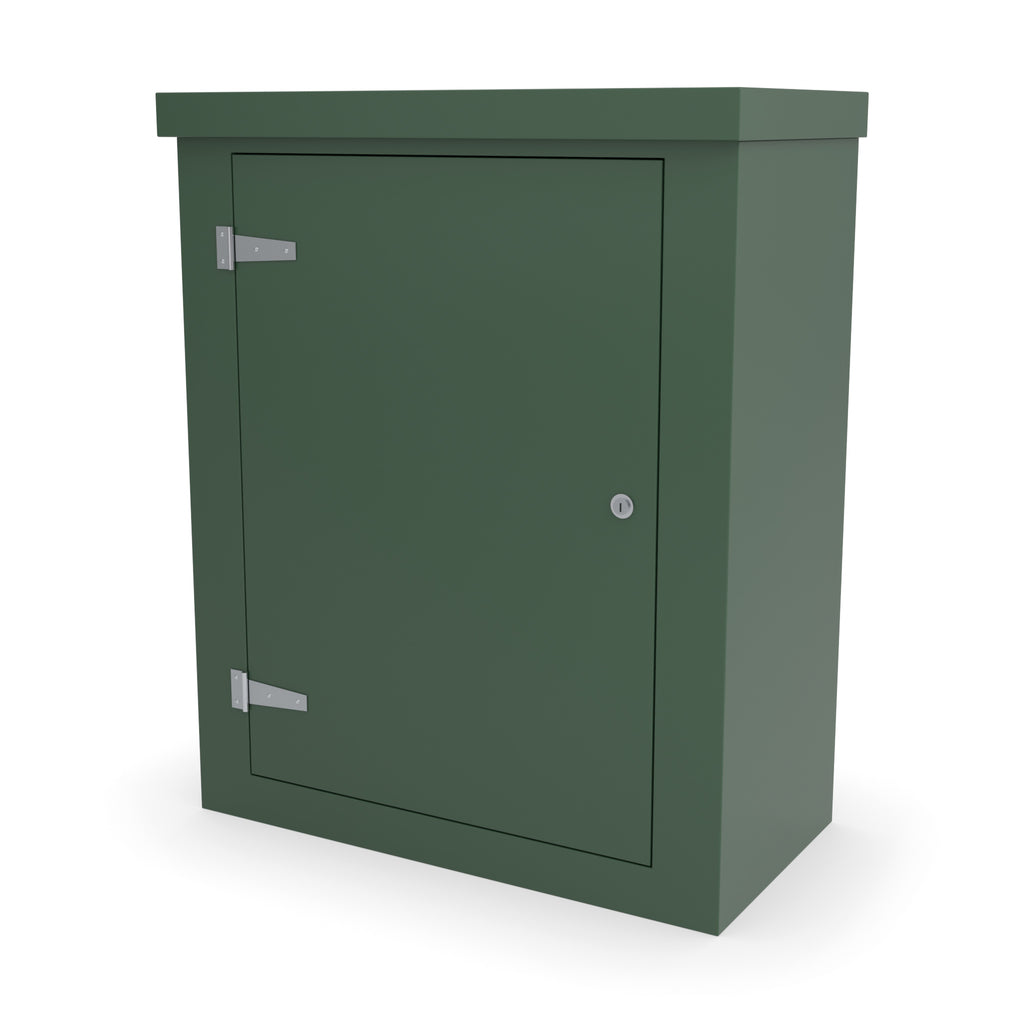 FS3 single door GRP cabinet in green, front three-quarter view with the door closed