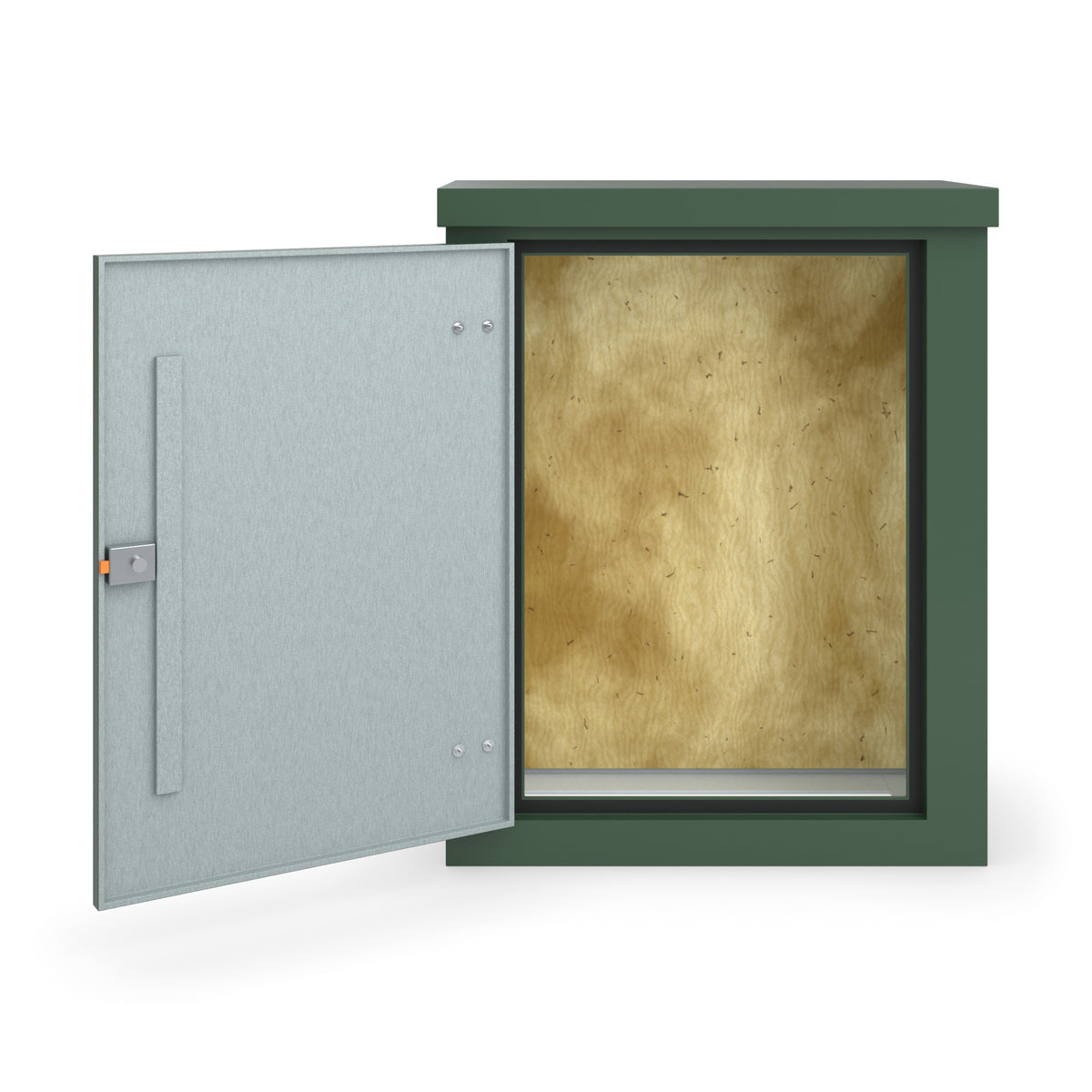FS3 single door GRP cabinet in green, straight-on front view with the door open showing the plywood backboard