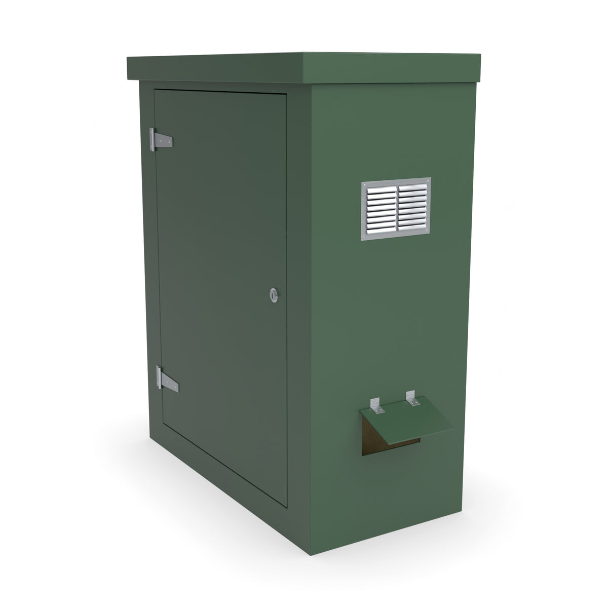 FS3 single door GRP cabinet in green with optional louvre vent and hinged cable-entry flap on the right-hand side