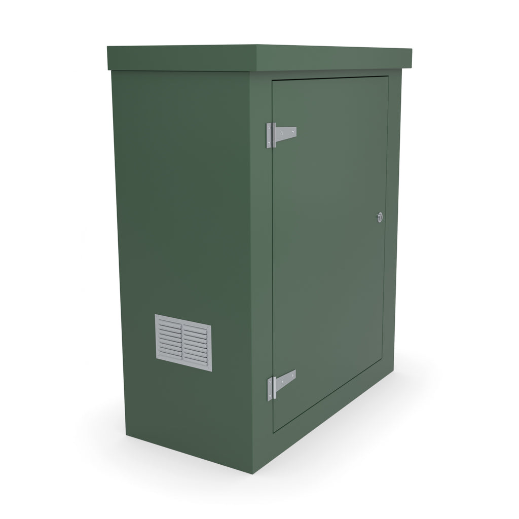 FS3 single door GRP cabinet in green with an optional louvre vent low on the left-hand side