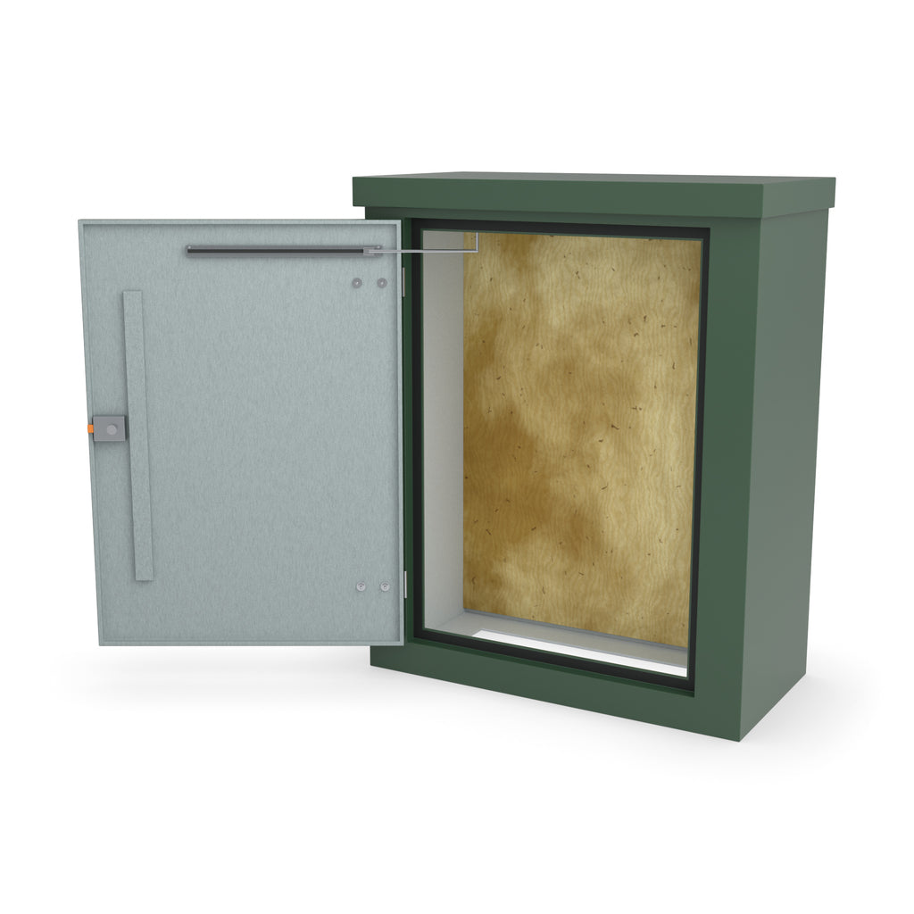 FS3 single door GRP cabinet in green with the door open on an optional door stay