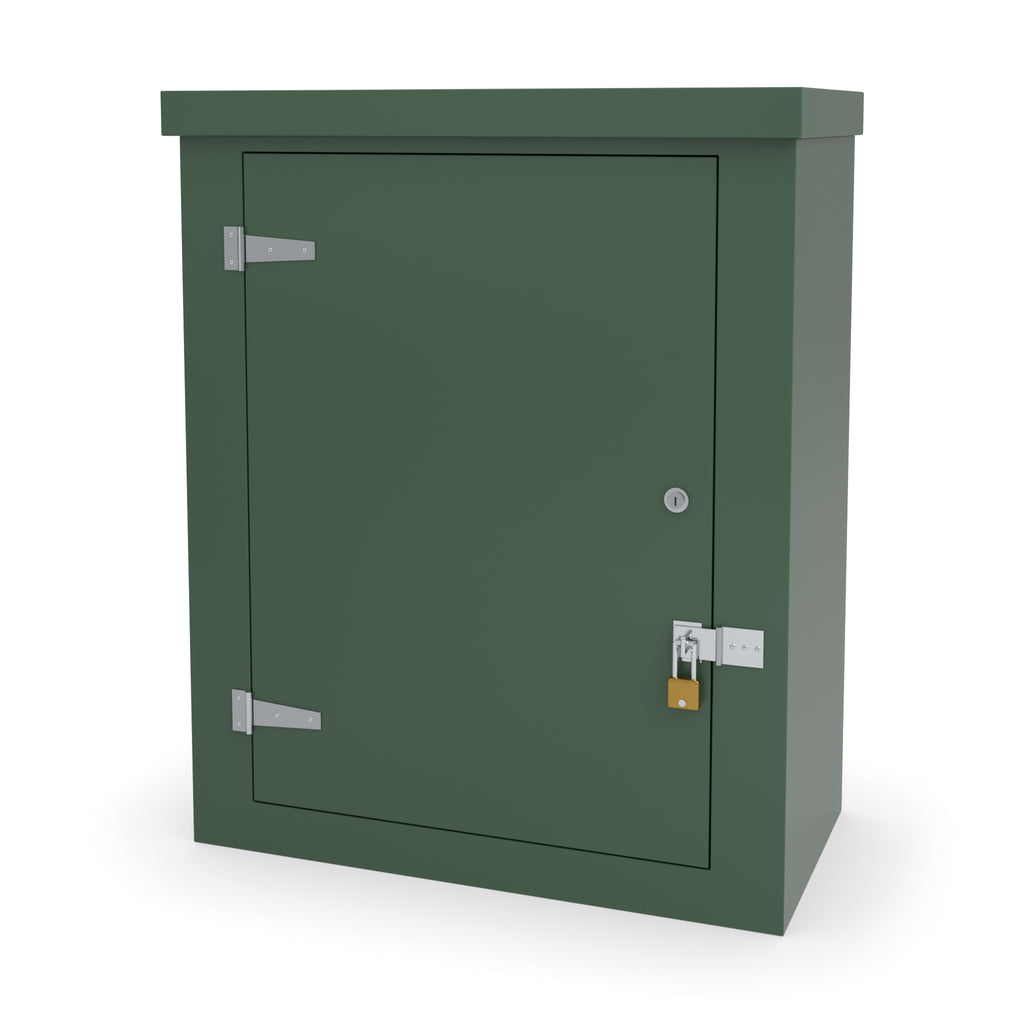 FS3 single door GRP cabinet in green with an optional stainless hasp and staple and padlock