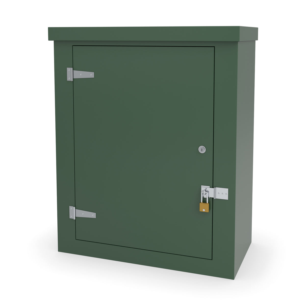 FS3 single door GRP cabinet in green with an optional stainless hasp and staple and padlock