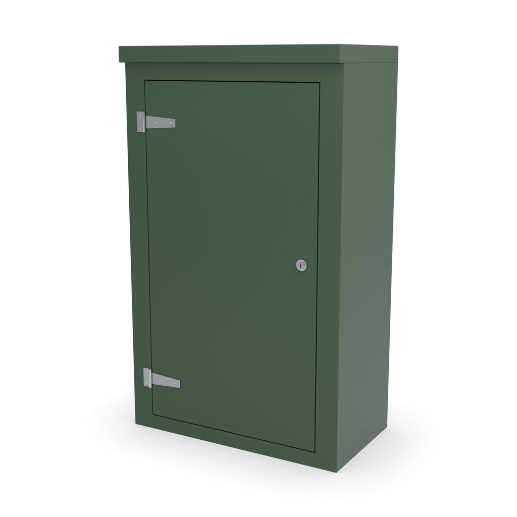 FS5 single door GRP cabinet in green, front three-quarter view with the door closed