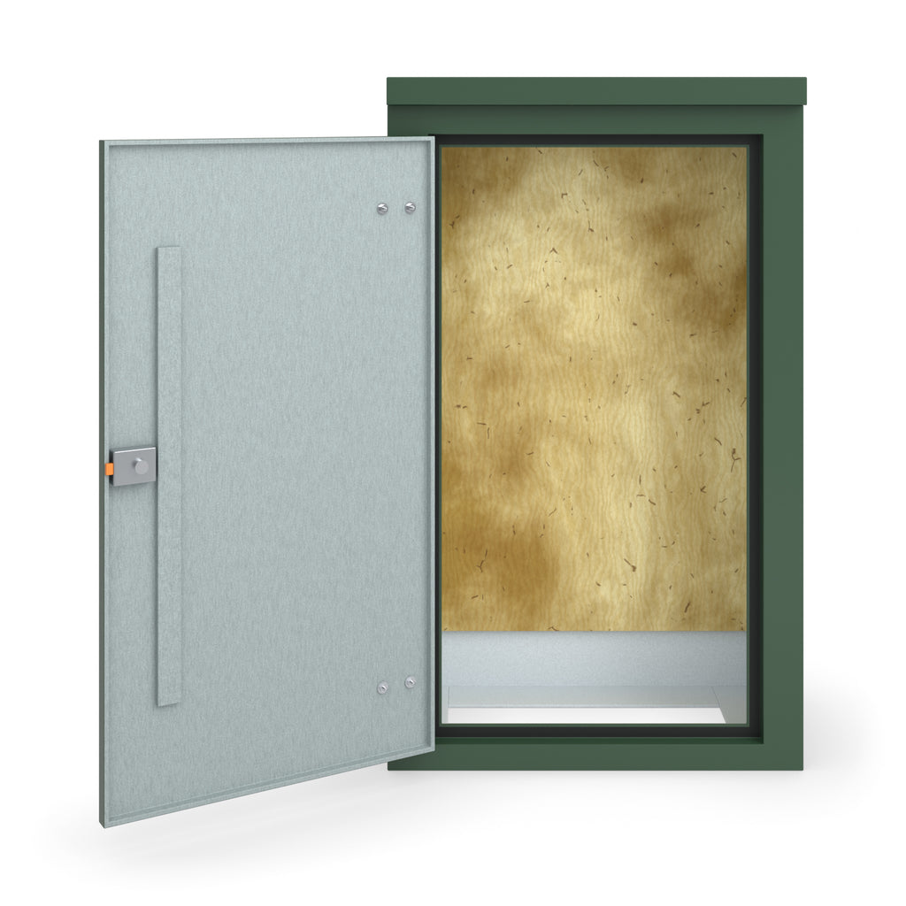 FS5 single door GRP cabinet in green, straight-on front view with the door open showing the plywood backboard
