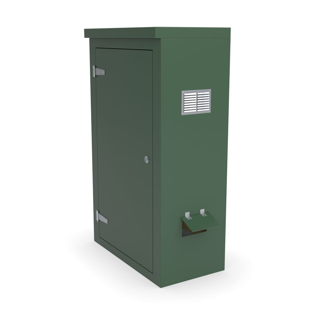 FS5 single door GRP cabinet in green with optional louvre vent and hinged cable-entry flap on the right-hand side