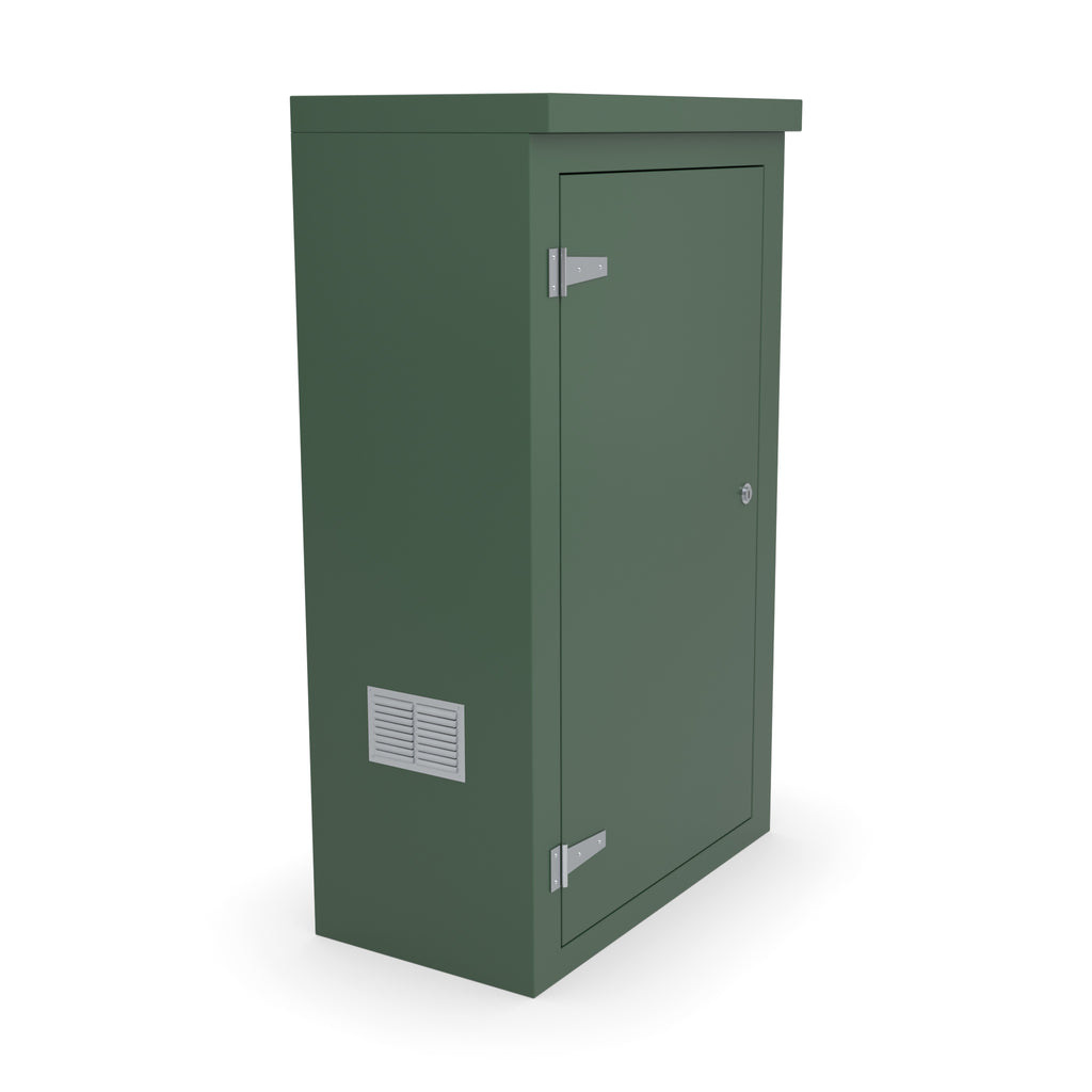 FS5 single door GRP cabinet in green with an optional louvre vent low on the left-hand side