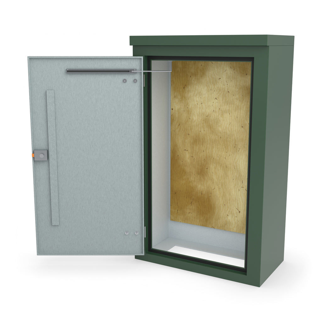 FS5 single door GRP cabinet in green with the door open on an optional door stay
