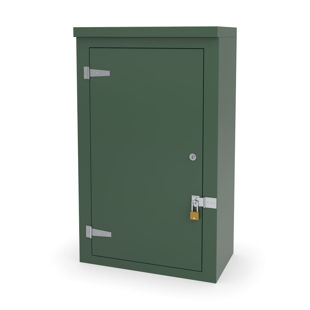 FS5 single door GRP cabinet in green with an optional stainless hasp and staple and padlock