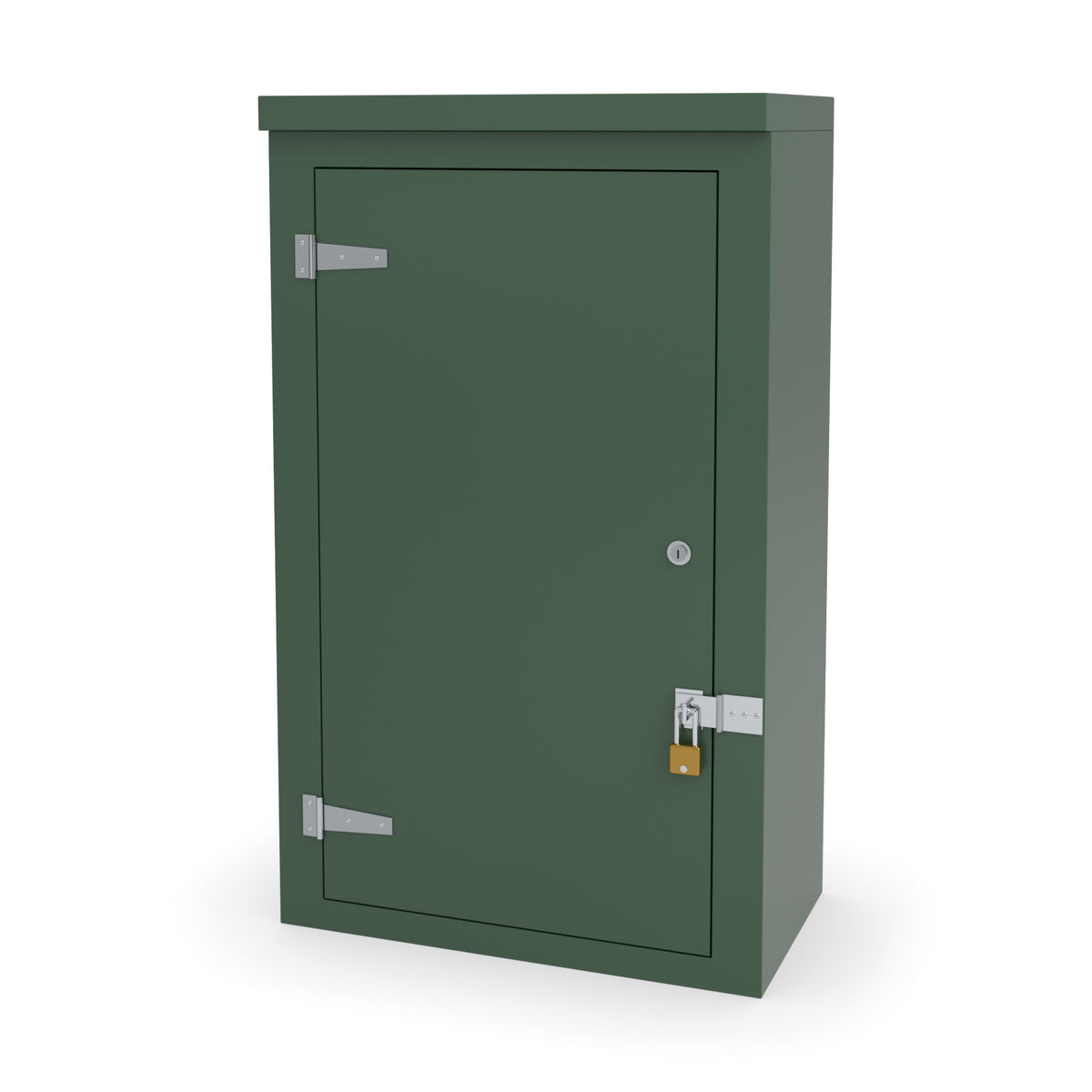 FS5 single door GRP cabinet in green with an optional stainless hasp and staple and padlock