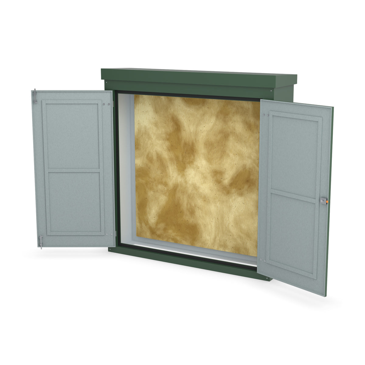 FW1 GRP walk-in enclosure in green, front three-quarter view with the doors open showing the plywood backboard