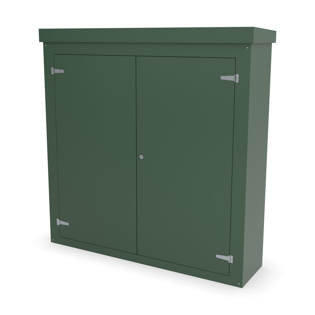 FW1 GRP walk-in enclosure in green, front three-quarter view with the doors closed