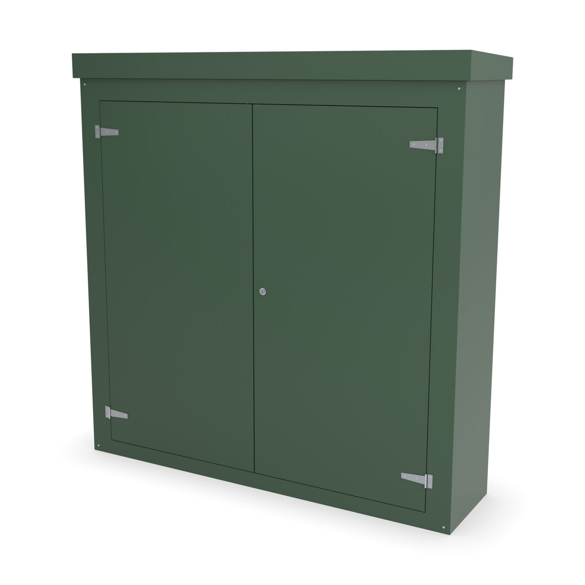 FW1 GRP walk-in enclosure in green, front three-quarter view with the doors closed