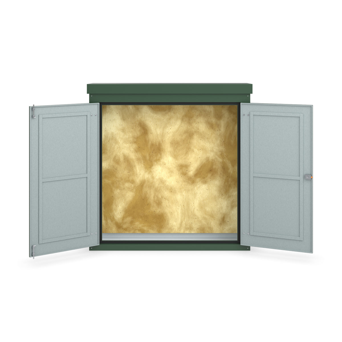FW1 GRP walk-in enclosure in green, straight-on front view with the doors open showing the plywood backboard