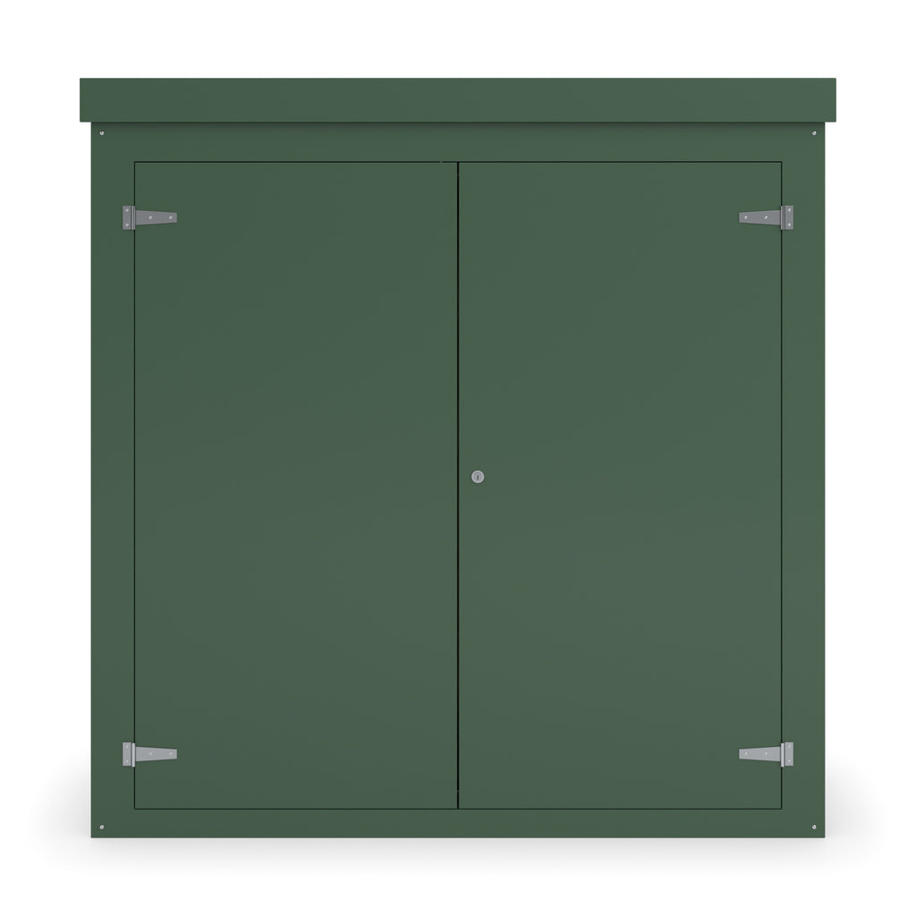 FW1 GRP walk-in enclosure in green, straight-on front view with the doors closed