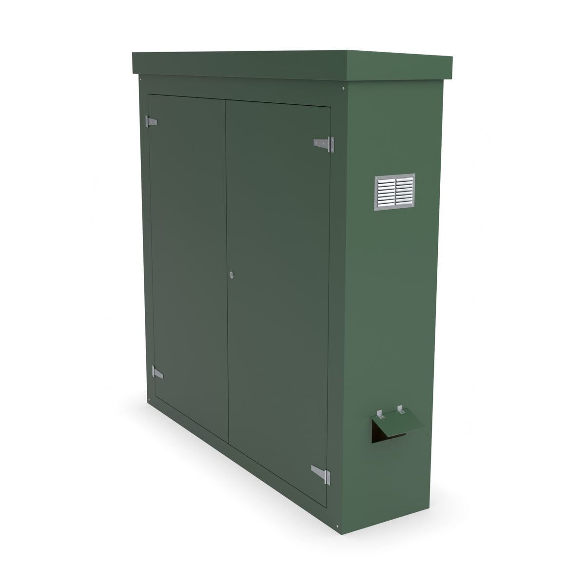 FW1 GRP walk-in enclosure in green with optional louvre vent and hinged cable-entry flap on the right-hand side
