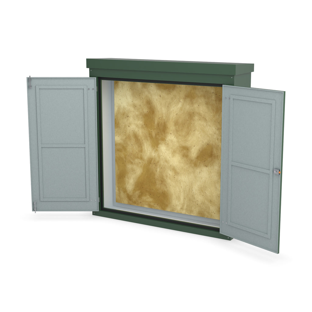 FW1A GRP walk-in enclosure in green, front three-quarter view with the doors open showing the plywood backboard