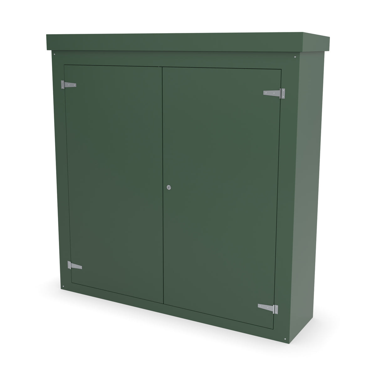 FW1A GRP walk-in enclosure in green, front three-quarter view with the doors closed
