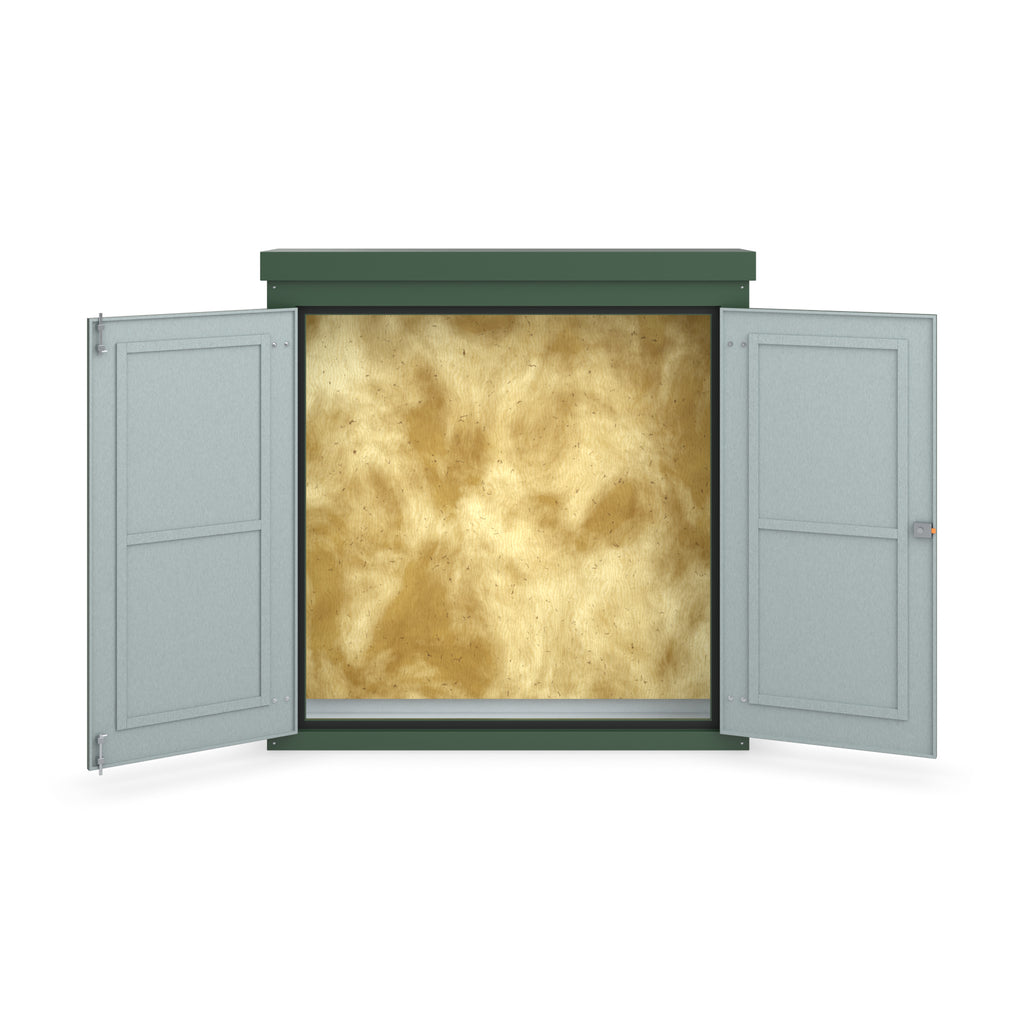 FW1A GRP walk-in enclosure in green, straight-on front view with the doors open showing the plywood backboard