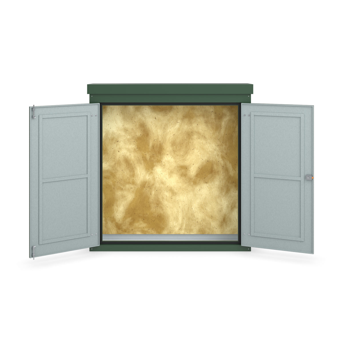 FW1A GRP walk-in enclosure in green, straight-on front view with the doors open showing the plywood backboard