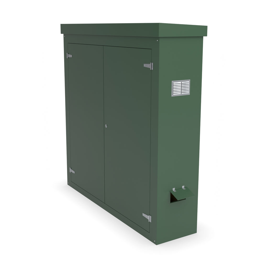 FW1A GRP walk-in enclosure in green with optional louvre vent and hinged cable-entry flap on the right-hand side