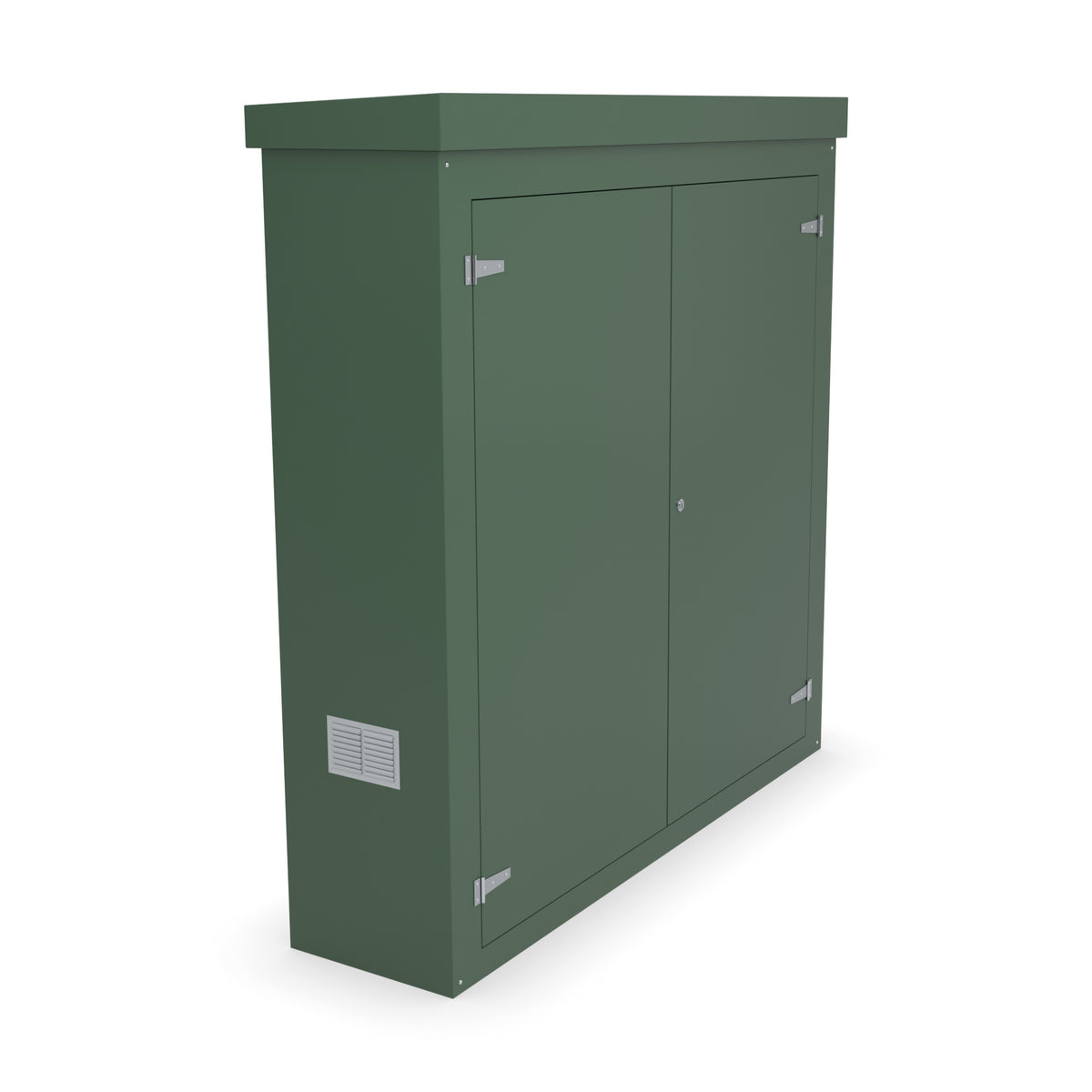 FW1A GRP walk-in enclosure in green with an optional louvre vent low on the left-hand side