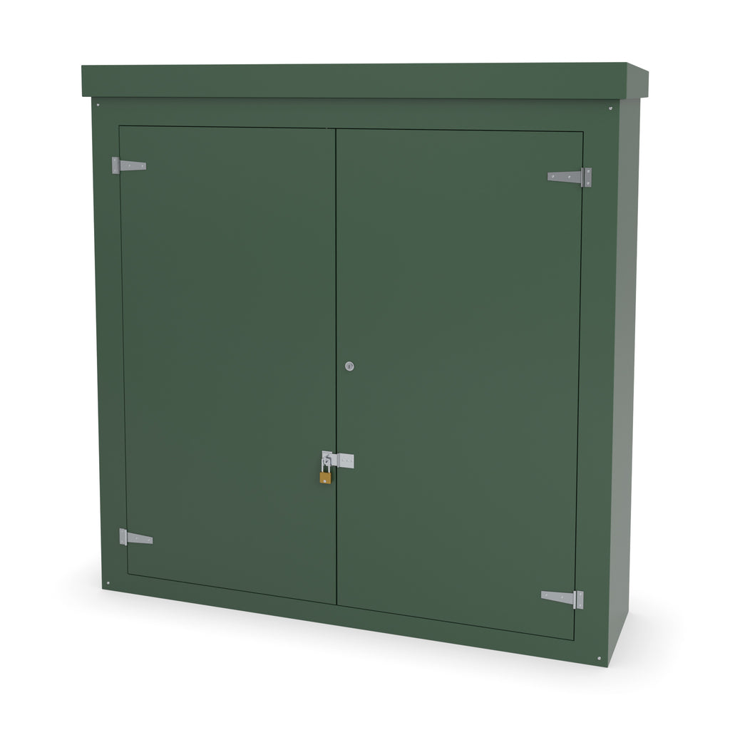 FW1A GRP walk-in enclosure in green with an optional stainless hasp and staple and padlock