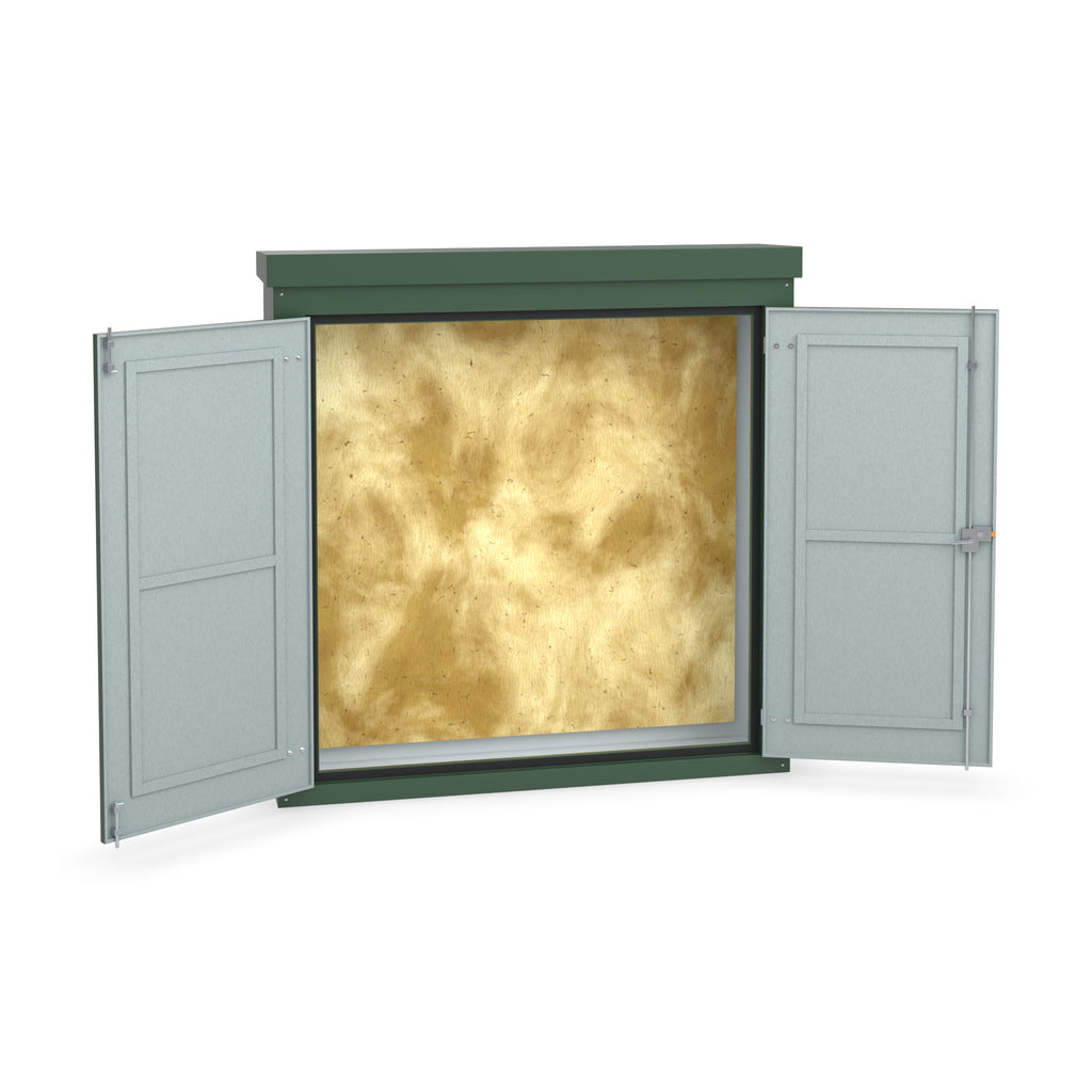 FW1A GRP walk-in enclosure in green with the doors open showing optional three-point locking on the right-hand door
