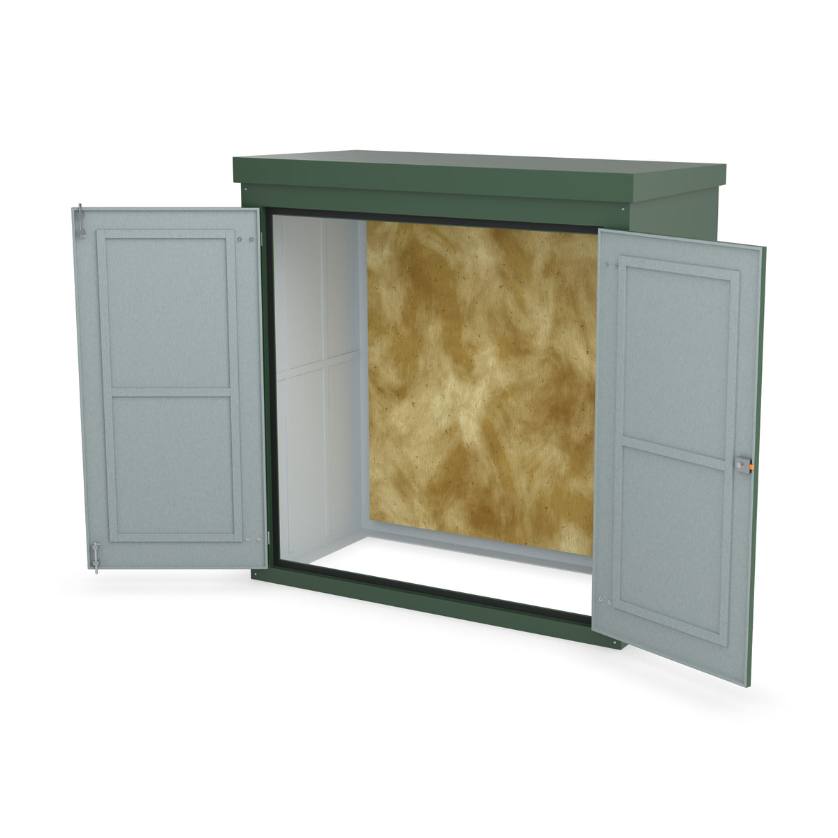 FW2 GRP walk-in enclosure in green, front three-quarter view with the doors open showing the plywood backboard