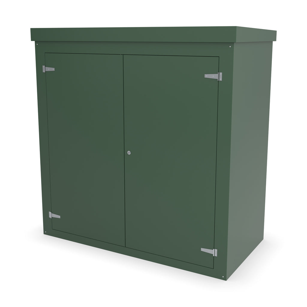 FW2 GRP walk-in enclosure in green, front three-quarter view with the doors closed
