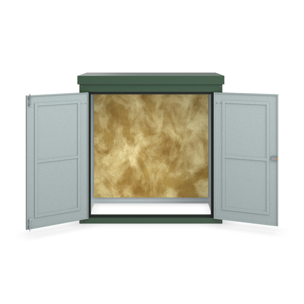 FW2 GRP walk-in enclosure in green, straight-on front view with the doors open showing the plywood backboard