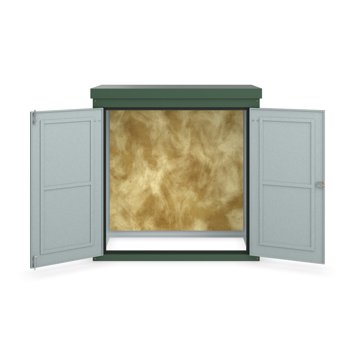 FW2 GRP walk-in enclosure in green, straight-on front view with the doors open showing the plywood backboard