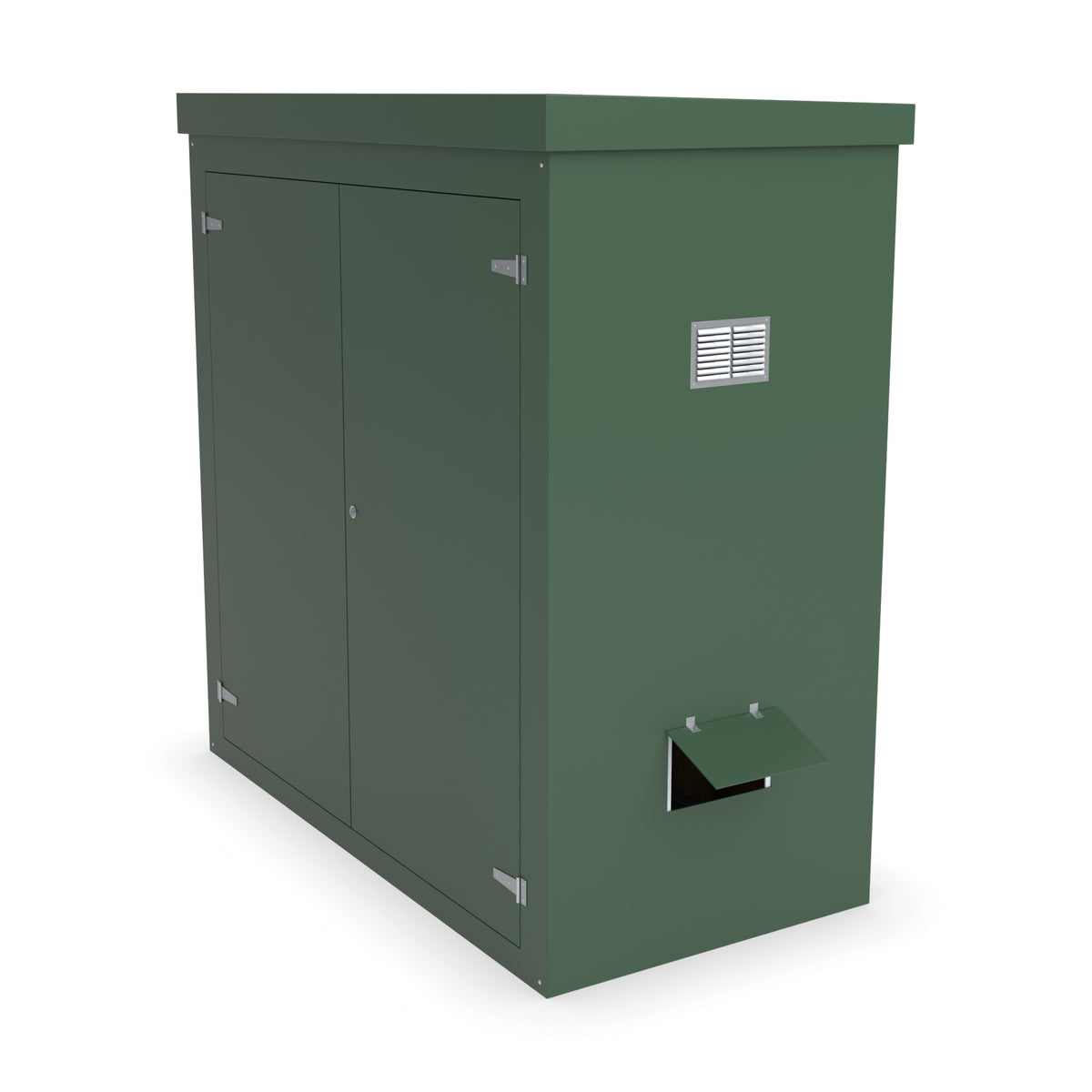 FW2 GRP walk-in enclosure in green with optional louvre vent and hinged cable-entry flap on the right-hand side