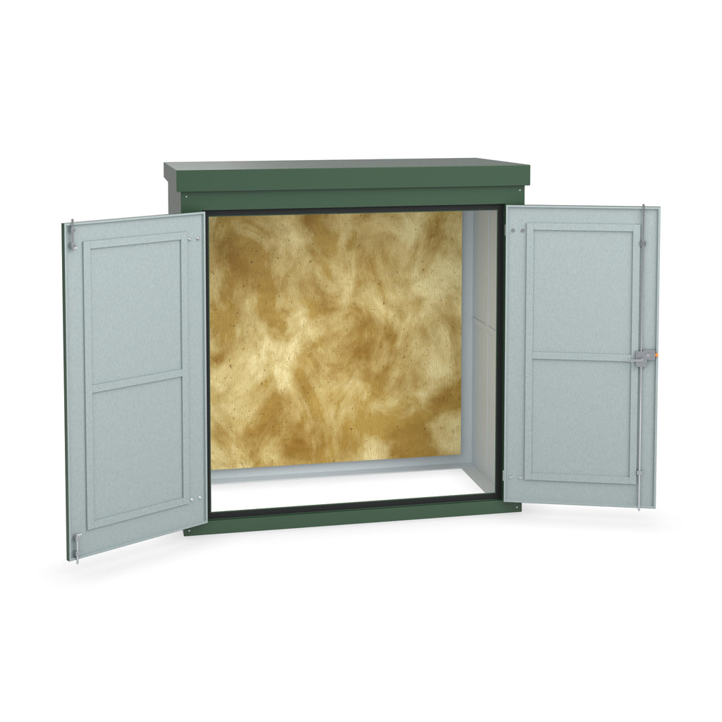 FW2 GRP walk-in enclosure in green with the doors open showing optional three-point locking on the right-hand door