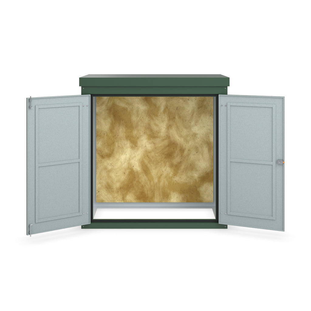 FW2A GRP walk-in enclosure in green, straight-on front view with the doors open showing the plywood backboard