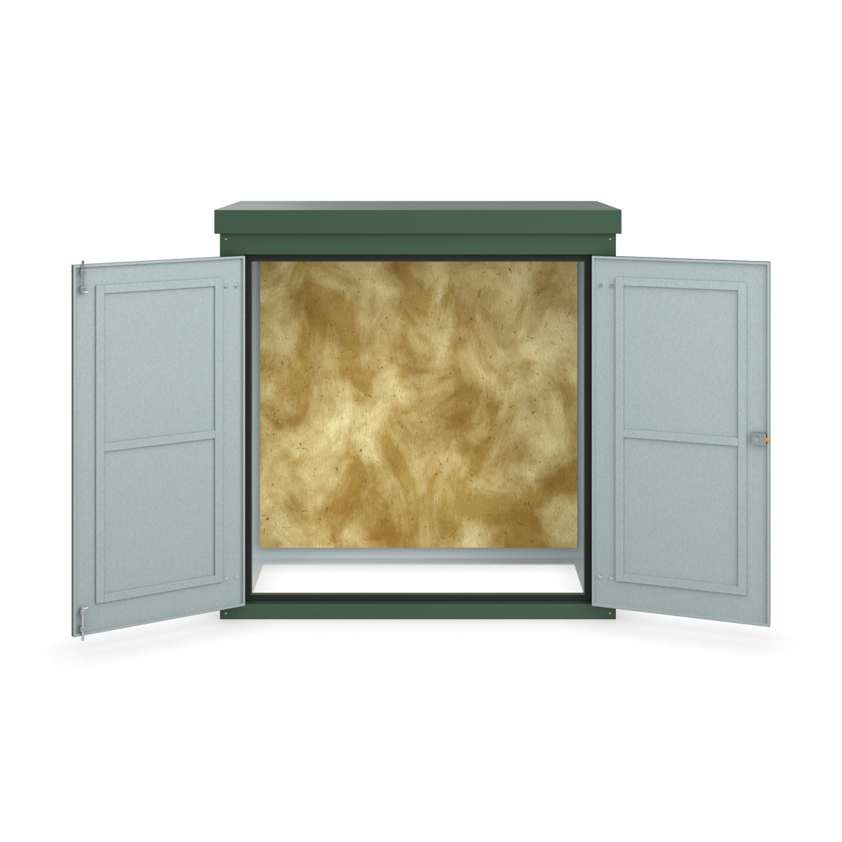 FW2A GRP walk-in enclosure in green, straight-on front view with the doors open showing the plywood backboard
