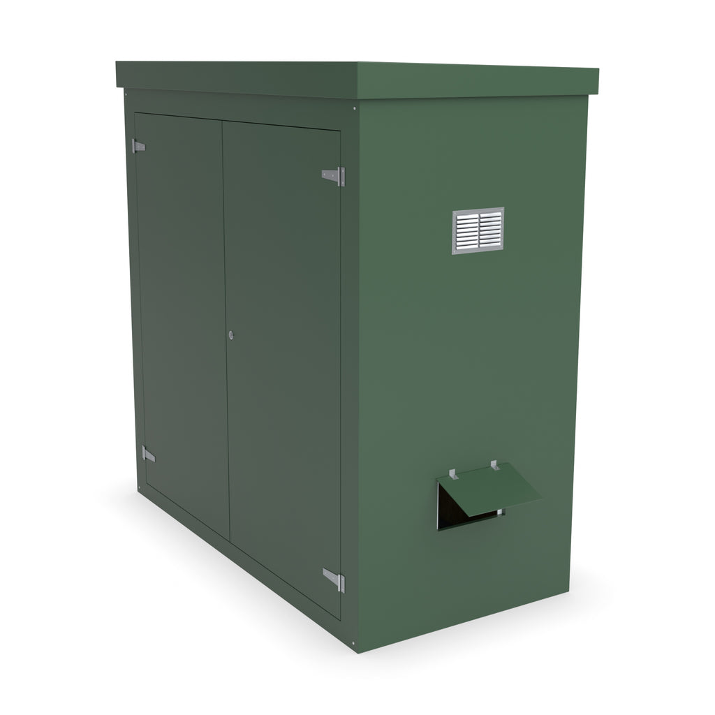 FW2A GRP walk-in enclosure in green with optional louvre vent and hinged cable-entry flap on the right-hand side