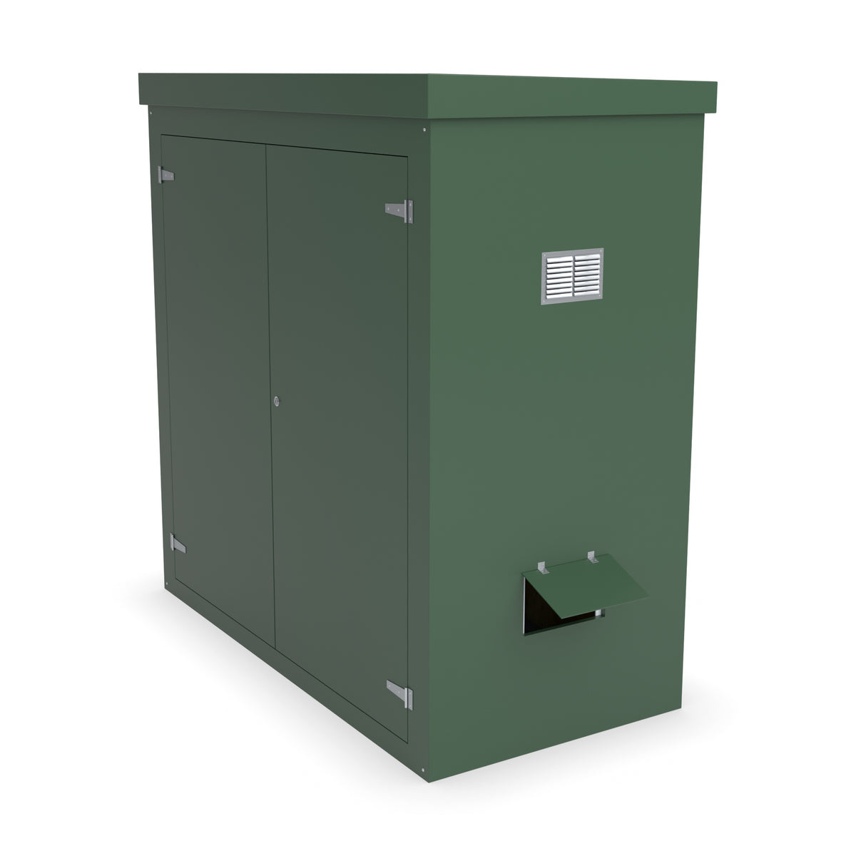 FW2A GRP walk-in enclosure in green with optional louvre vent and hinged cable-entry flap on the right-hand side