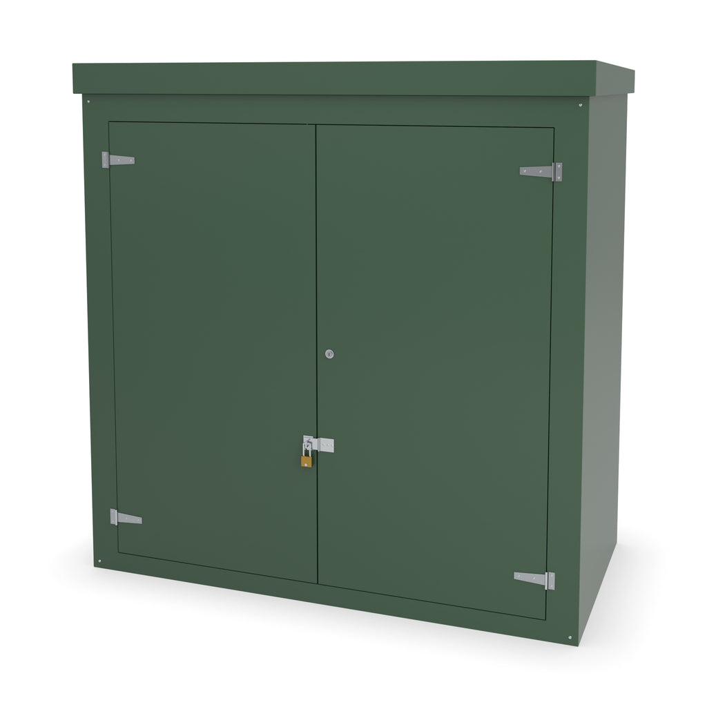FW2A GRP walk-in enclosure in green with an optional stainless hasp and staple and padlock