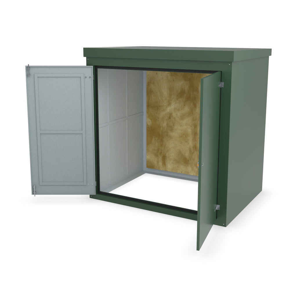 FW3 GRP walk-in enclosure in green, front three-quarter view with the doors open showing the plywood backboard