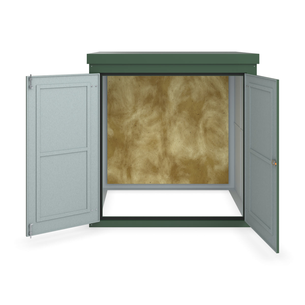 FW3 GRP walk-in enclosure in green, straight-on front view with the doors open showing the plywood backboard