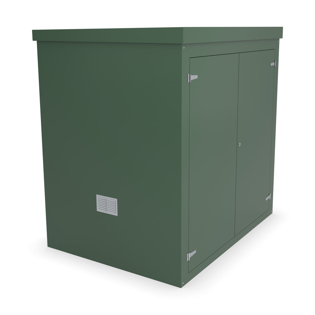 FW3 GRP walk-in enclosure in green with an optional louvre vent low on the left-hand side
