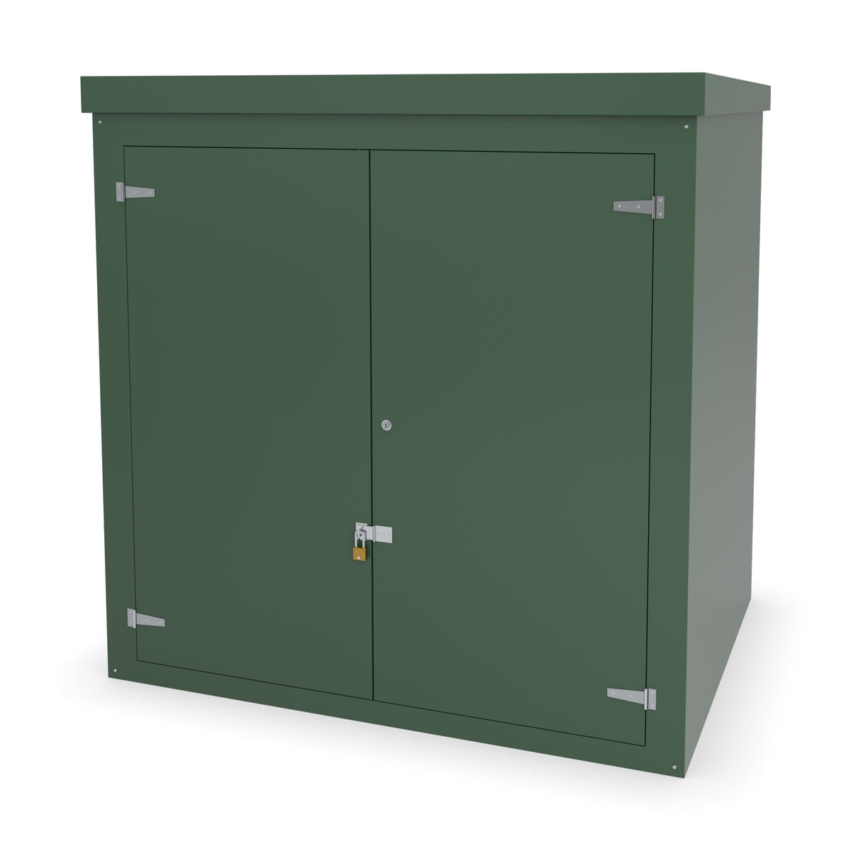 FW3 GRP walk-in enclosure in green with an optional stainless hasp and staple and padlock