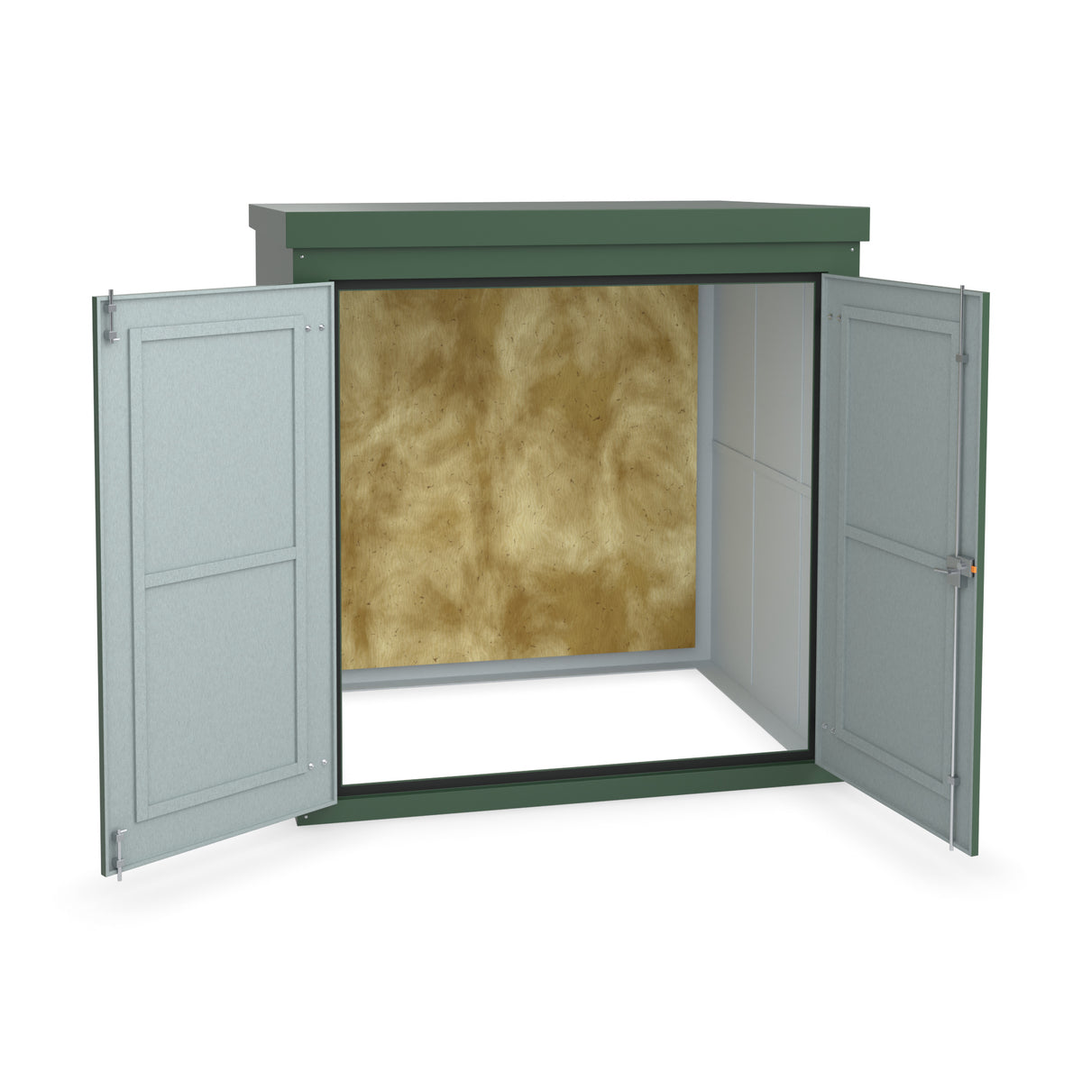 FW3 GRP walk-in enclosure in green with the doors open showing optional three-point locking on the right-hand door