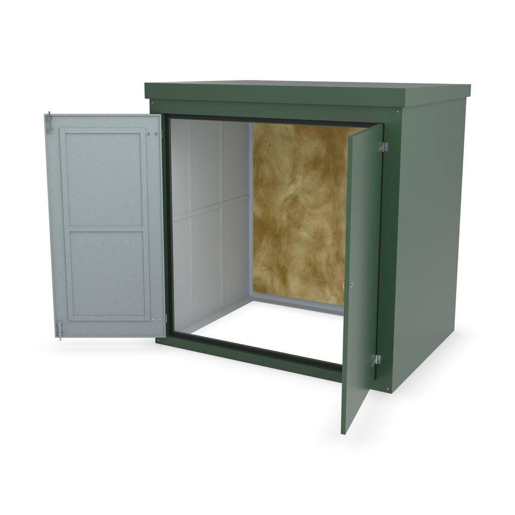 FW3A GRP walk-in enclosure in green, front three-quarter view with the doors open showing the plywood backboard