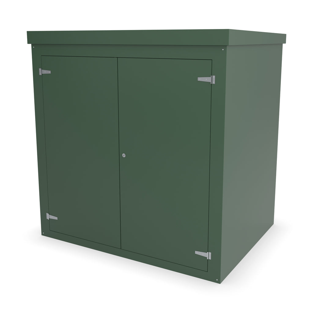 FW3A GRP walk-in enclosure in green, front three-quarter view with the doors closed