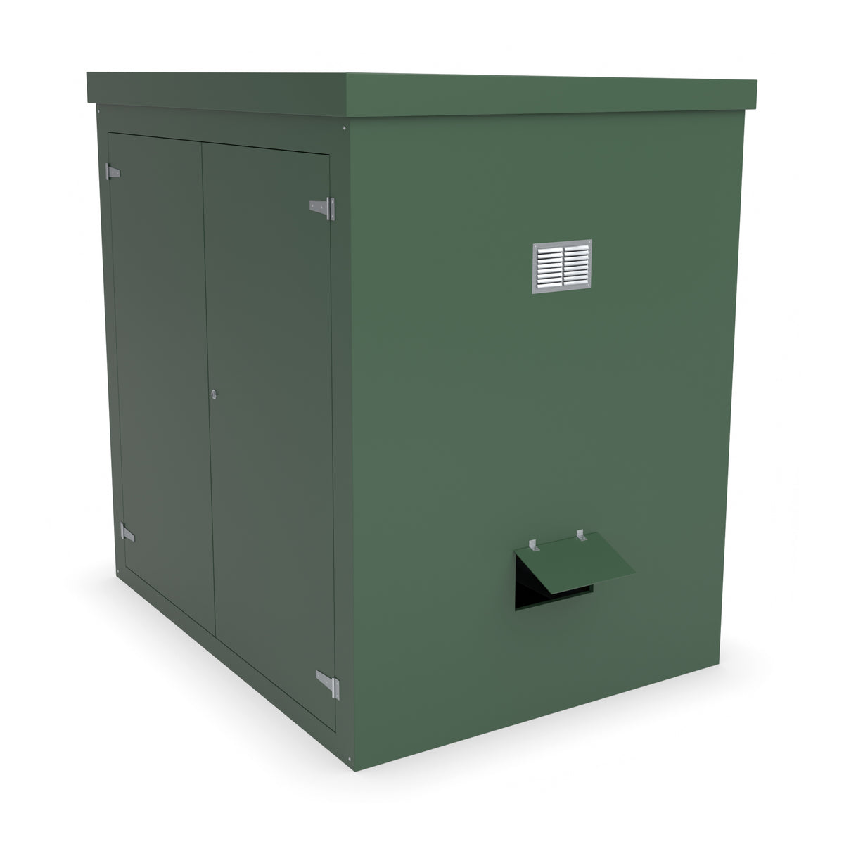 FW3A GRP walk-in enclosure in green with optional louvre vent and hinged cable-entry flap on the right-hand side